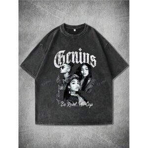 Women's Funny Portrait & Letter Print Washed Vintage Regular Fashionable T-Shirt